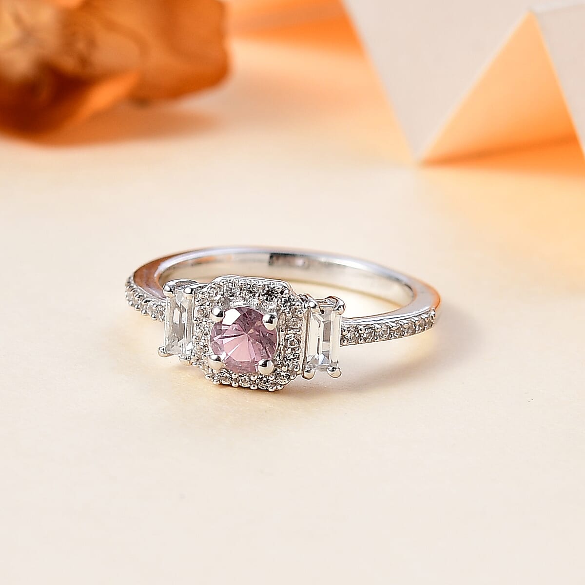 Narsipatnam Pink Spinel and White Zircon Ring in Rhodium Over Sterling Silver (Size 6.0) 0.85 ctw image number 1