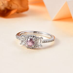 Narsipatnam Pink Spinel and White Zircon Ring in Rhodium Over Sterling Silver (Size 6.0) 0.85 ctw