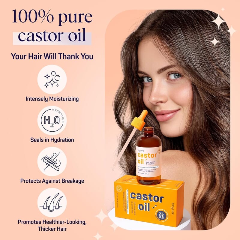 SpaLife Castor Oil 100% Pure - For Hair, Skin, Lashes & Brows 8oz