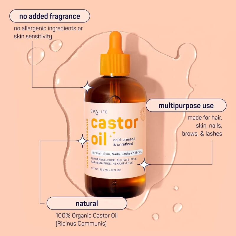 SpaLife Castor Oil 100% Pure - For Hair, Skin, Lashes & Brows 8oz