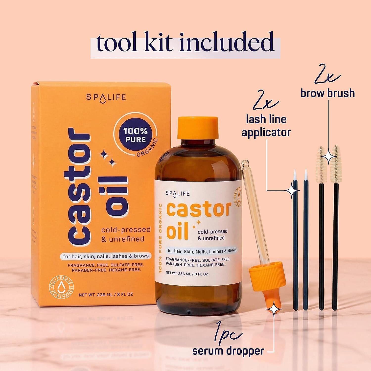 SpaLife Castor Oil 100% Pure - For Hair, Skin, Lashes & Brows 8oz