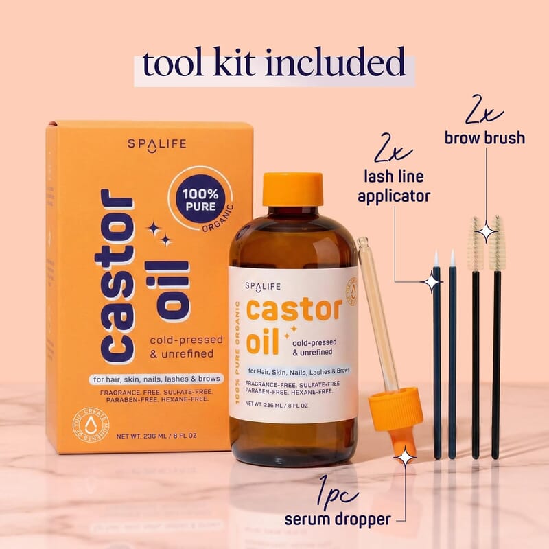 SpaLife Castor Oil 100% Pure - For Hair, Skin, Lashes & Brows 8oz
