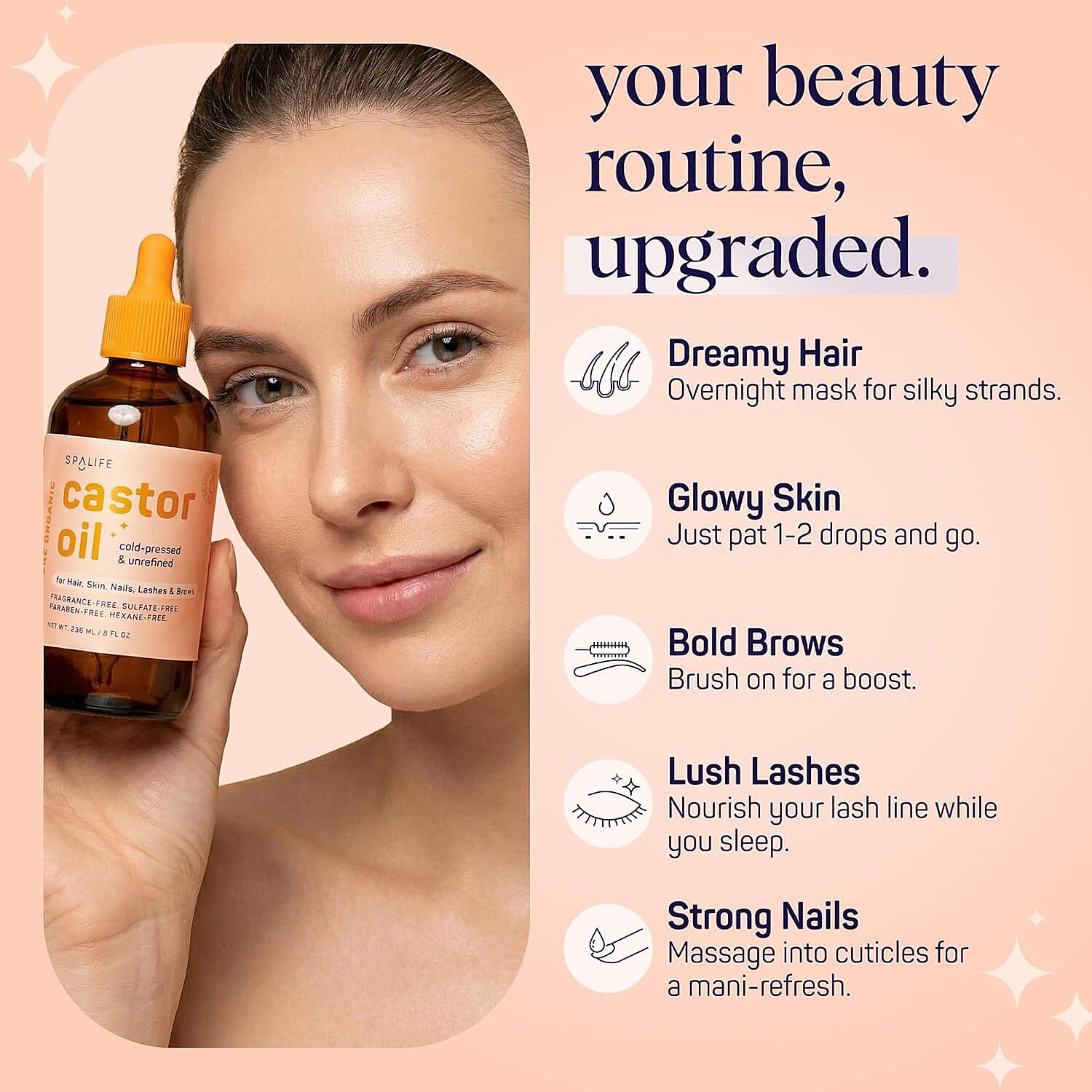 SpaLife Castor Oil 100% Pure - For Hair, Skin, Lashes & Brows 8oz