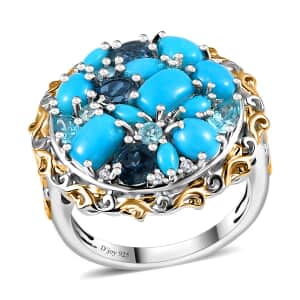 Sleeping Beauty Turquoise and Multi Gemstone Cocktail Pebble Ring in 18K Vermeil YG and Rhodium Over Sterling Silver (Size 10.0) 5.40 ctw