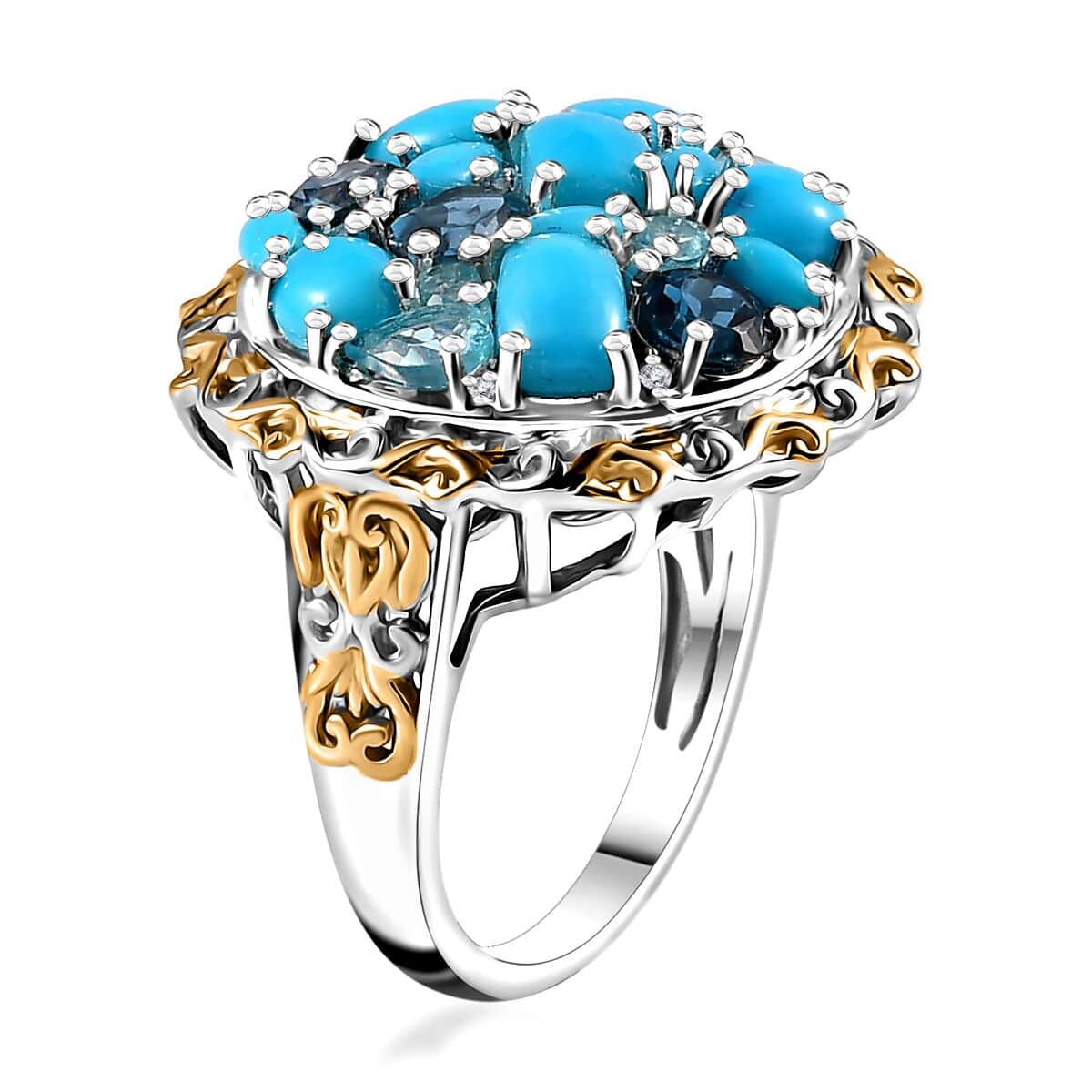 Sleeping Beauty Turquoise and Multi Gemstone Cocktail Pebble Ring in 18K Vermeil YG and Rhodium Over Sterling Silver (Size 5.0) 5.40 ctw image number 3
