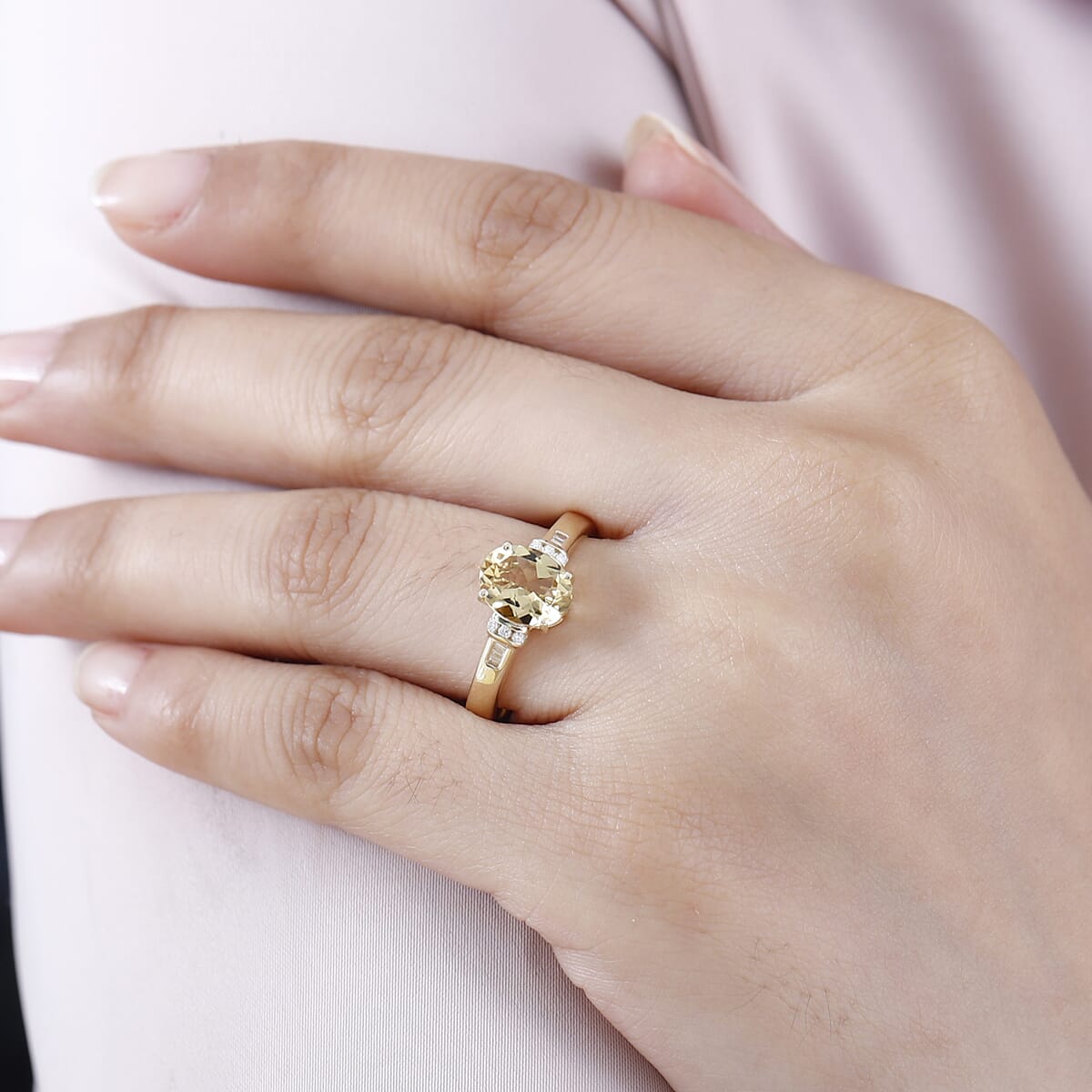Luxoro AAA Brazilian Heliodor and G-H I2-I3 Diamond 1.75 ctw Ring in 10K Yellow Gold (Size 7.5) image number 2