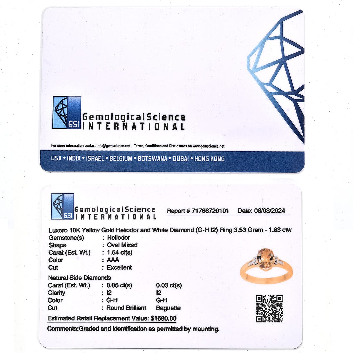 Luxoro AAA Brazilian Heliodor and G-H I2-I3 Diamond 1.75 ctw Ring in 10K Yellow Gold (Size 8.0) image number 6