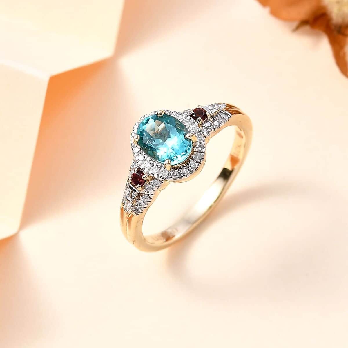 Luxoro Premium Paraiba Apatite, Rubellite, G-H I2 Diamond 1.50 ctw Ring in 10K Yellow Gold (Size 10.0)  image number 1