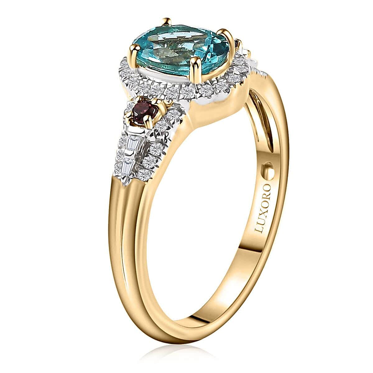 Luxoro Premium Paraiba Apatite, Rubellite, G-H I2 Diamond 1.50 ctw Ring in 10K Yellow Gold (Size 7.0)  image number 3