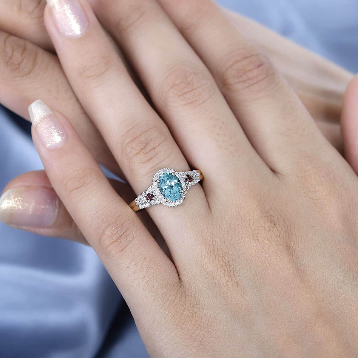 Luxoro Premium Paraiba Apatite, Rubellite, G-H I2 Diamond 1.50 ctw Ring in 10K Yellow Gold (Size 8.0)  image number 2