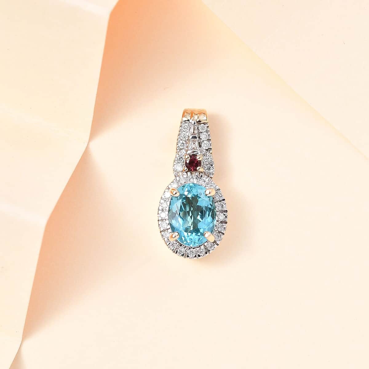 Luxoro Premium Madagascar Paraiba Apatite and Rubellite, G-H I2 Diamond 1.60 ctw Pendant in 10K Yellow Gold image number 1