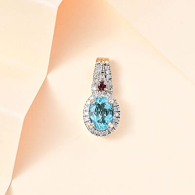 Luxoro Premium Madagascar Paraiba Apatite and Rubellite, G-H I2 Diamond 1.60 ctw Pendant without Chain in 10K Yellow Gold
