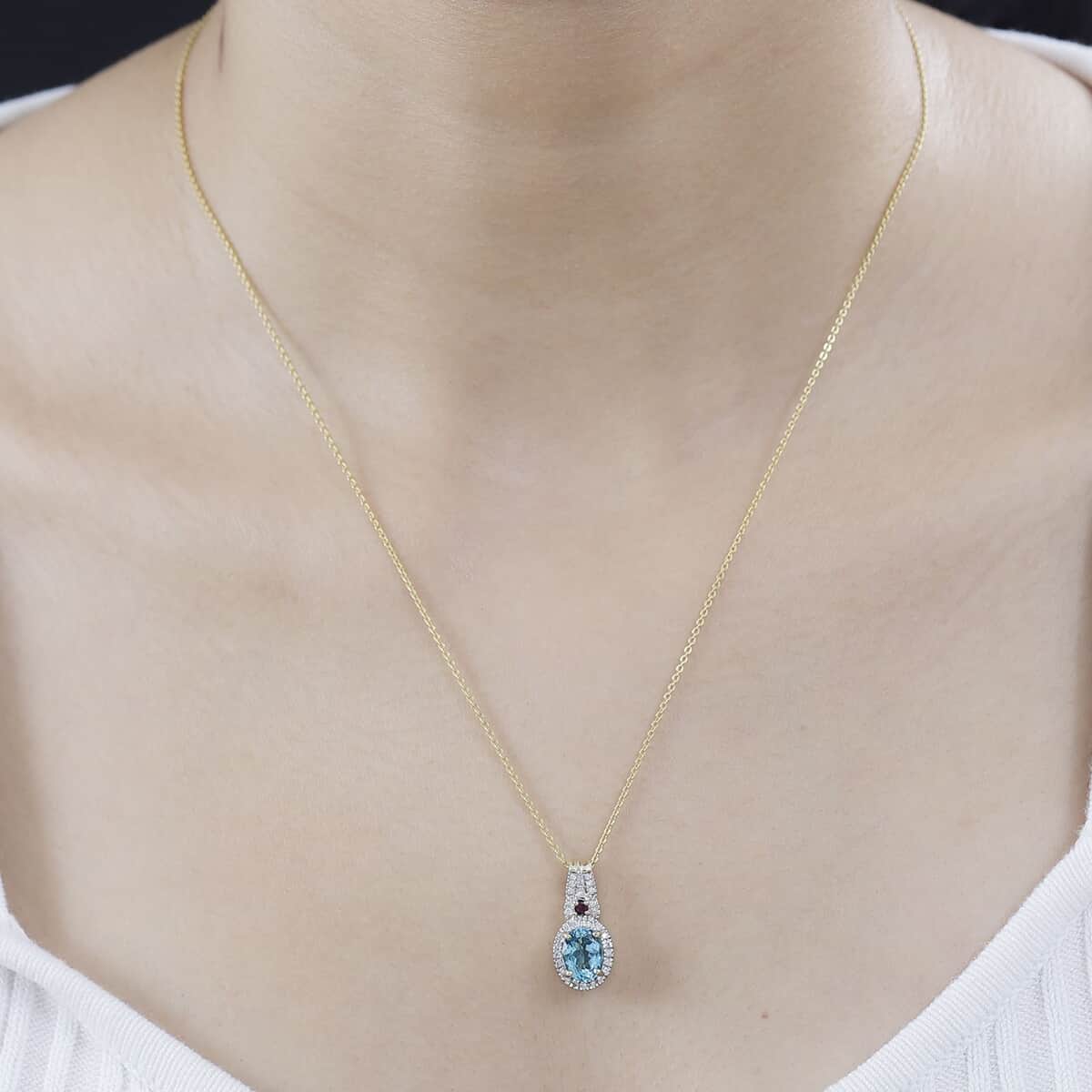 Luxoro Premium Madagascar Paraiba Apatite and Rubellite, G-H I2 Diamond 1.60 ctw Pendant in 10K Yellow Gold image number 2