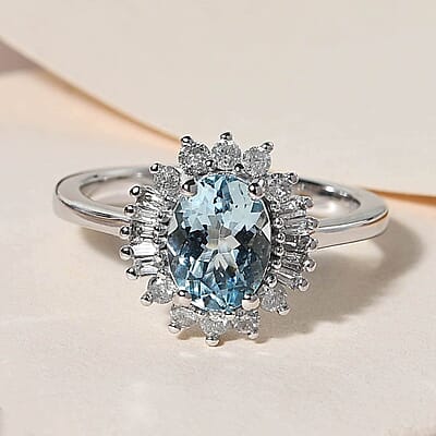Luxoro 14K White Gold Premium Santa Maria Aquamarine and G-H SI Diamond Halo Ring (Size 10.5) 3.30 Grams 1.40 ctw