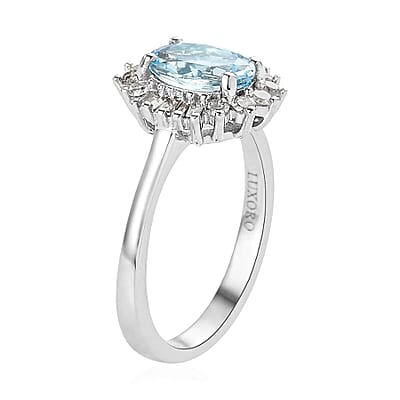 Luxoro 14K White Gold Premium Santa Maria Aquamarine and G-H SI Diamond Halo Ring (Size 10.5) 3.30 Grams 1.40 ctw