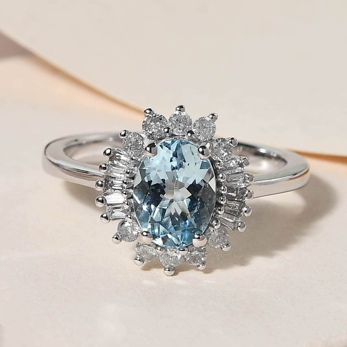 Luxoro 14K White Gold Premium Santa Maria Aquamarine and G-H SI Diamond Halo Ring (Size 6.5) 3.30 Grams 1.40 ctw image number 1