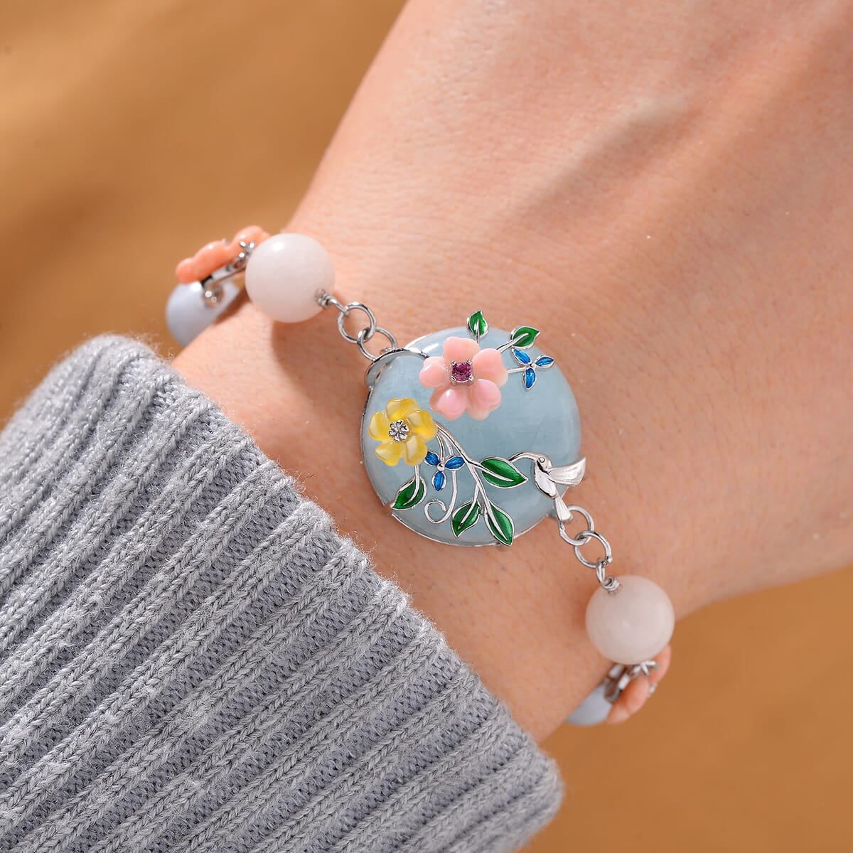 Mangoro Aquamarine and Multi Gemstone 43.10 ctw Floral Bracelet in Rhodium Over Sterling Silver (7.25In) image number 1