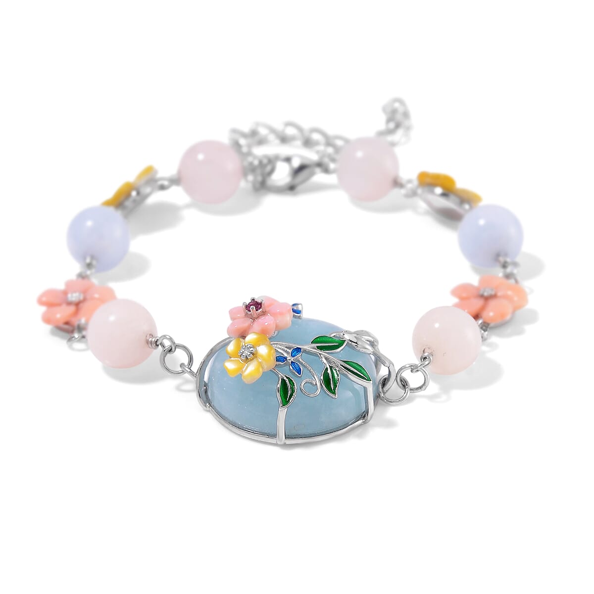 Mangoro Aquamarine and Multi Gemstone 43.10 ctw Floral Bracelet in Rhodium Over Sterling Silver (7.25In) image number 2