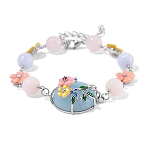 Mangoro Aquamarine and Multi Gemstone 43.10 ctw Floral Bracelet in Rhodium Over Sterling Silver (7.25In)