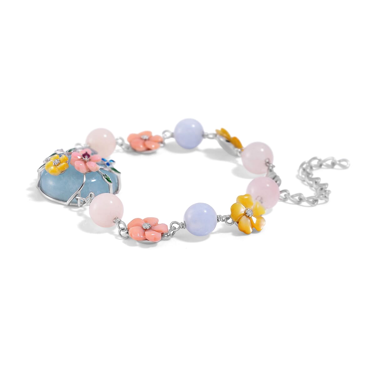 Mangoro Aquamarine and Multi Gemstone 43.10 ctw Floral Bracelet in Rhodium Over Sterling Silver (7.25In) image number 3