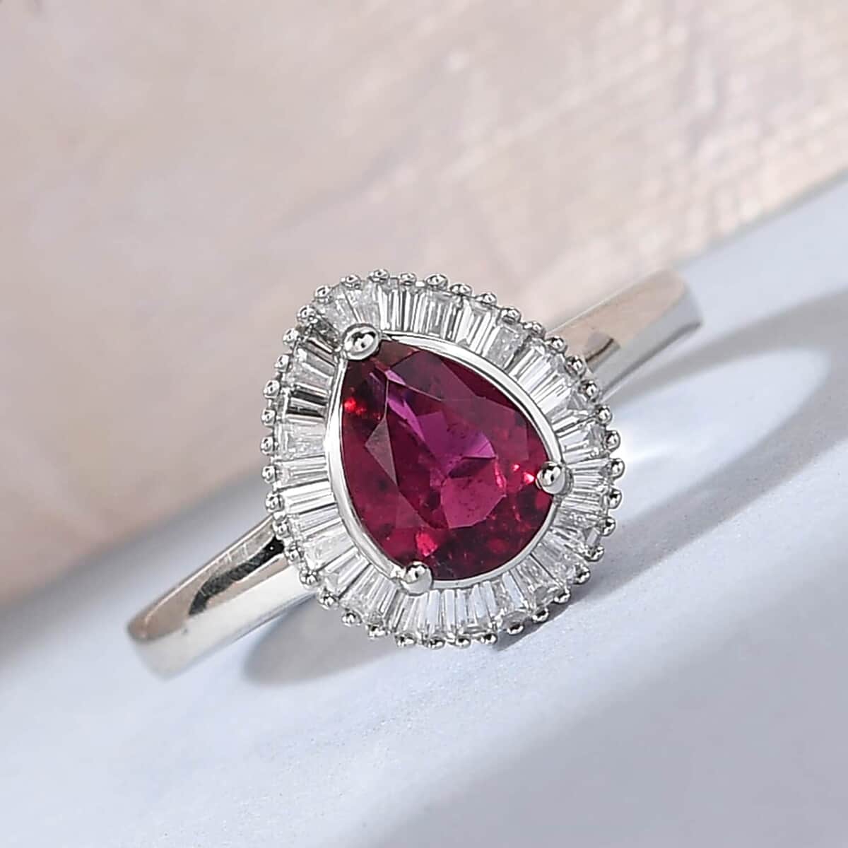 RHAPSODY 950 Platinum AAAA Ouro Fino Rubellite and E-F VS Diamond Halo Ring (Size 6.0) 5.85 Grams 1.25 ctw image number 1