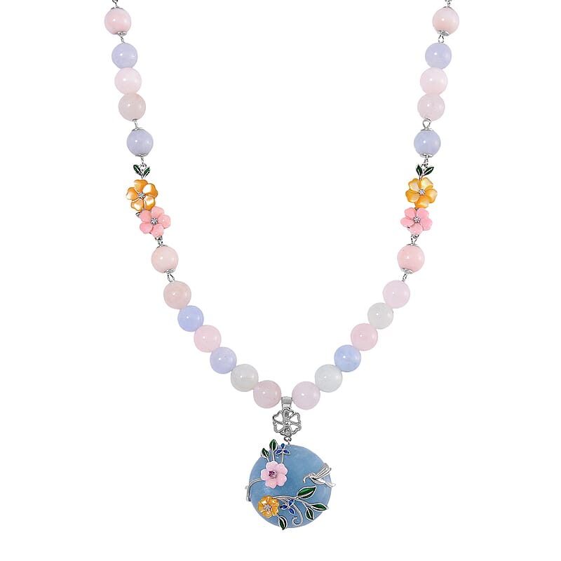 Mangoro Aquamarine and Multi Gemstone 196.90 ctw Floral Beaded Necklace in Rhodium Over Sterling Silver 18-20 Inches