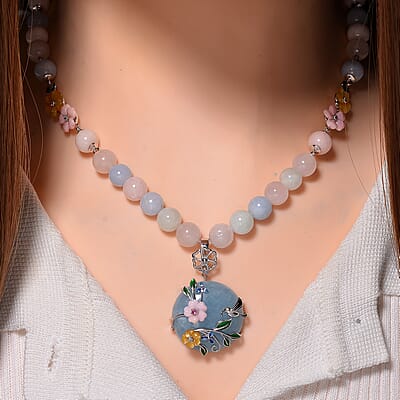 Mangoro Aquamarine and Multi Gemstone 196.90 ctw Floral Beaded Necklace in Rhodium Over Sterling Silver 18-20 Inches