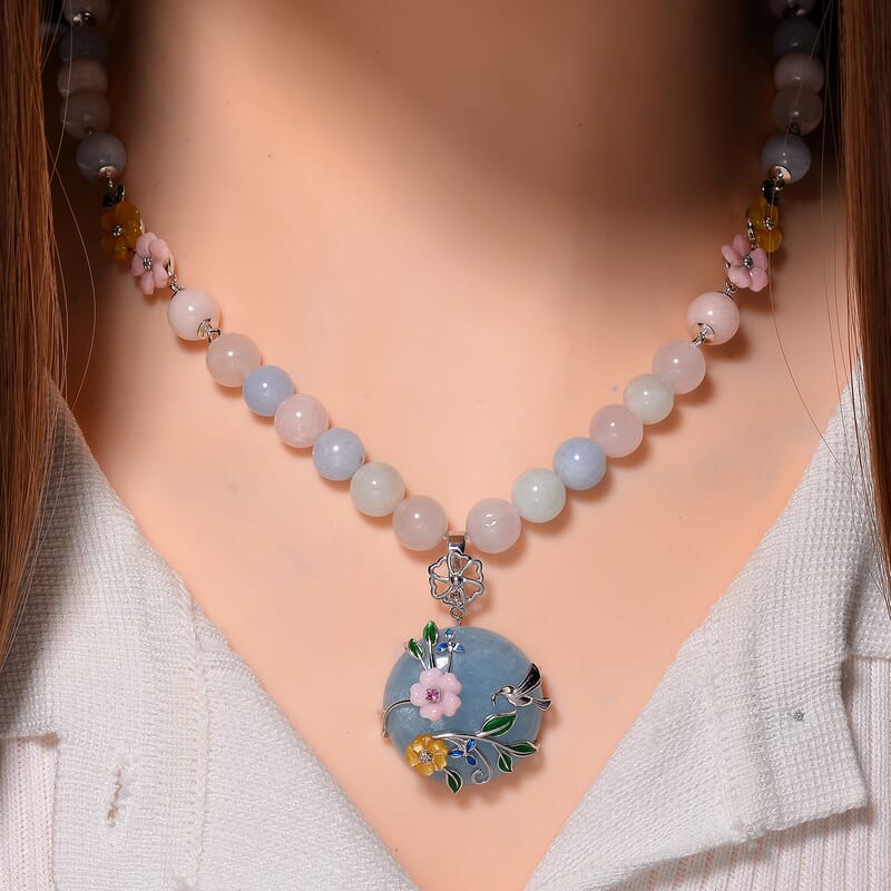 Mangoro Aquamarine and Multi Gemstone 196.90 ctw Floral Beaded Necklace in Rhodium Over Sterling Silver 18-20 Inches
