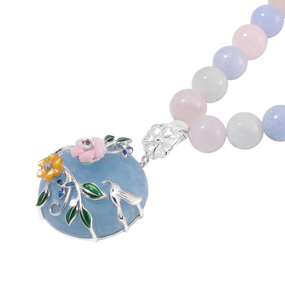 Mangoro Aquamarine and Multi Gemstone 196.90 ctw Floral Beaded Necklace in Rhodium Over Sterling Silver 18-20 Inches image number 3