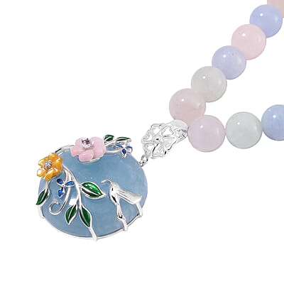 Mangoro Aquamarine and Multi Gemstone 196.90 ctw Floral Beaded Necklace in Rhodium Over Sterling Silver 18-20 Inches