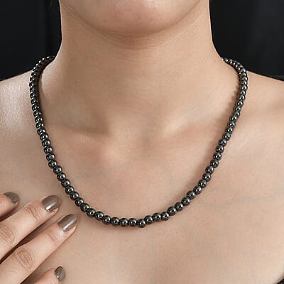 Hematite Beaded Necklace 20 Inches in Rhodium Over Sterling Silver 221.00 ctw