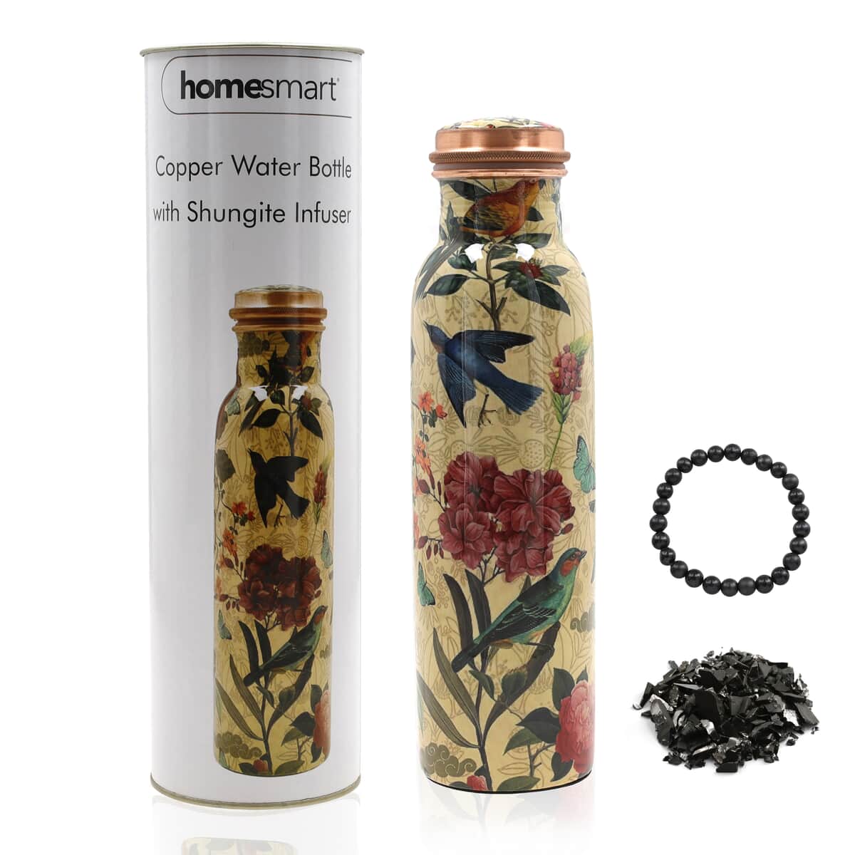 Homesmart Multi Color Bird and Flower Printed Copper Bottle (32 Oz) with Shungite Infuser and Beaded Stretch Bracelet image number 0