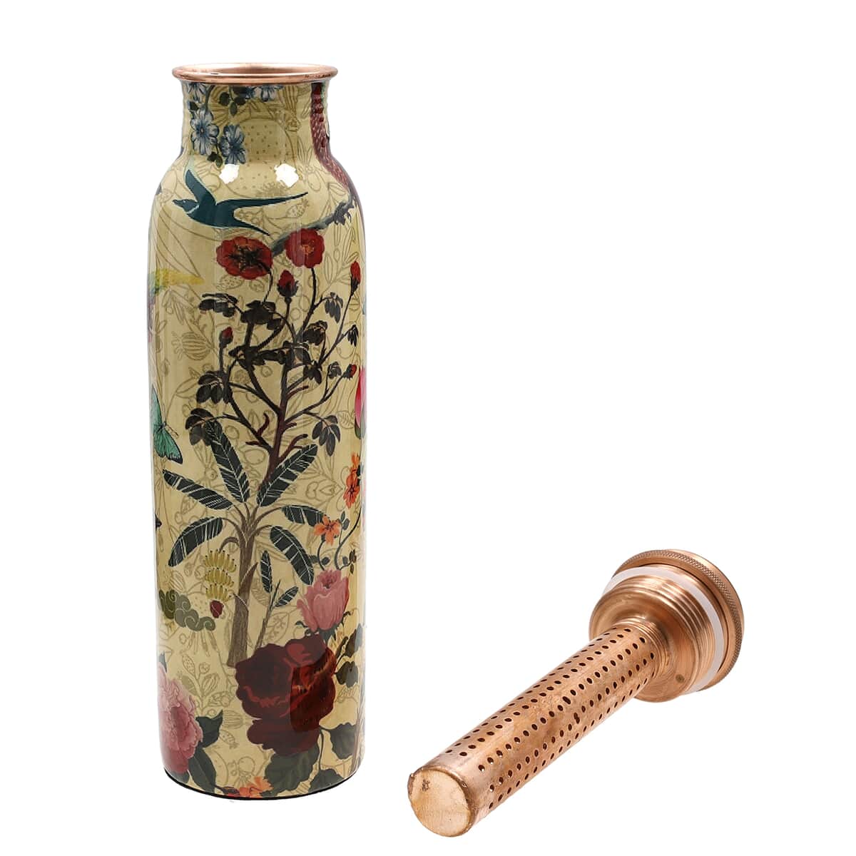 Homesmart Multi Color Bird and Flower Printed Copper Bottle (32 Oz) with Shungite Infuser and Beaded Stretch Bracelet image number 3