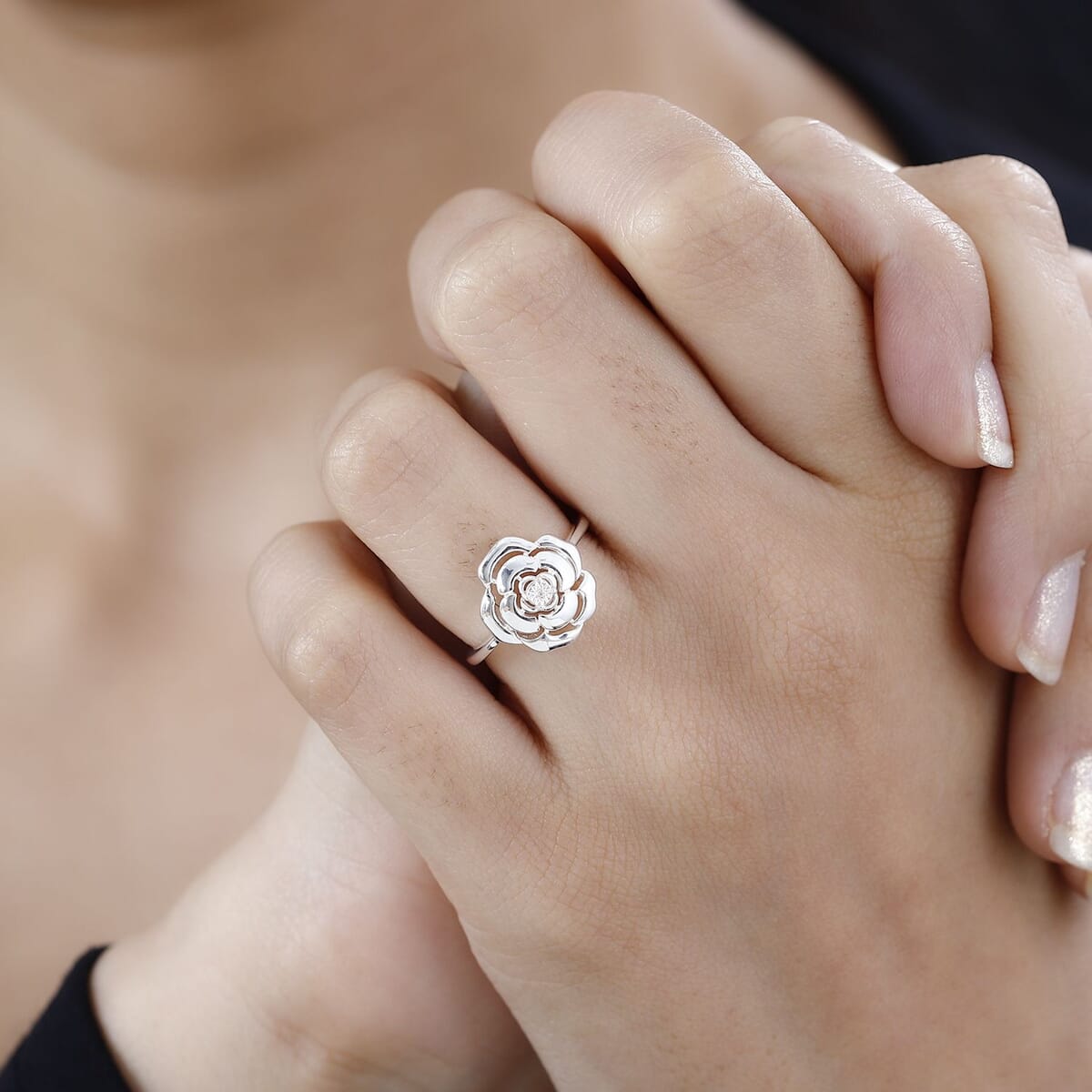 White Diamond Accent Flower Ring in Sterling Silver (Size 7.0) image number 2