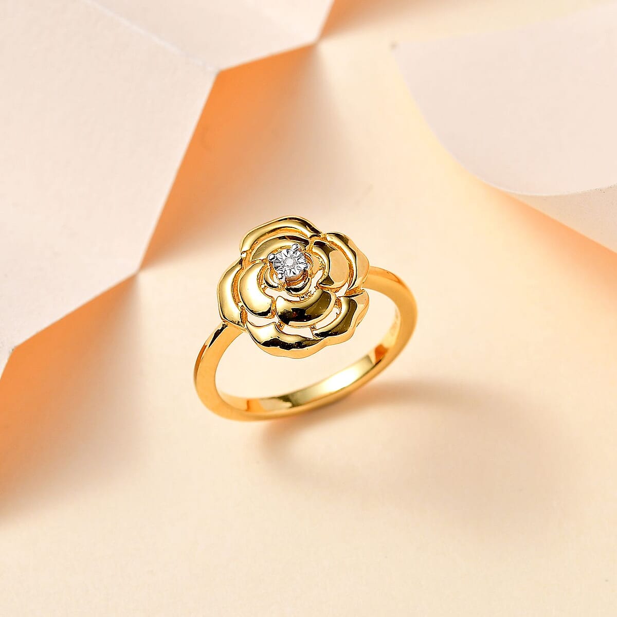 D'Joy White Diamond Accent Rose Flower Ring in 14K Yellow Gold Over Sterling Silver (Size 10.0) image number 1