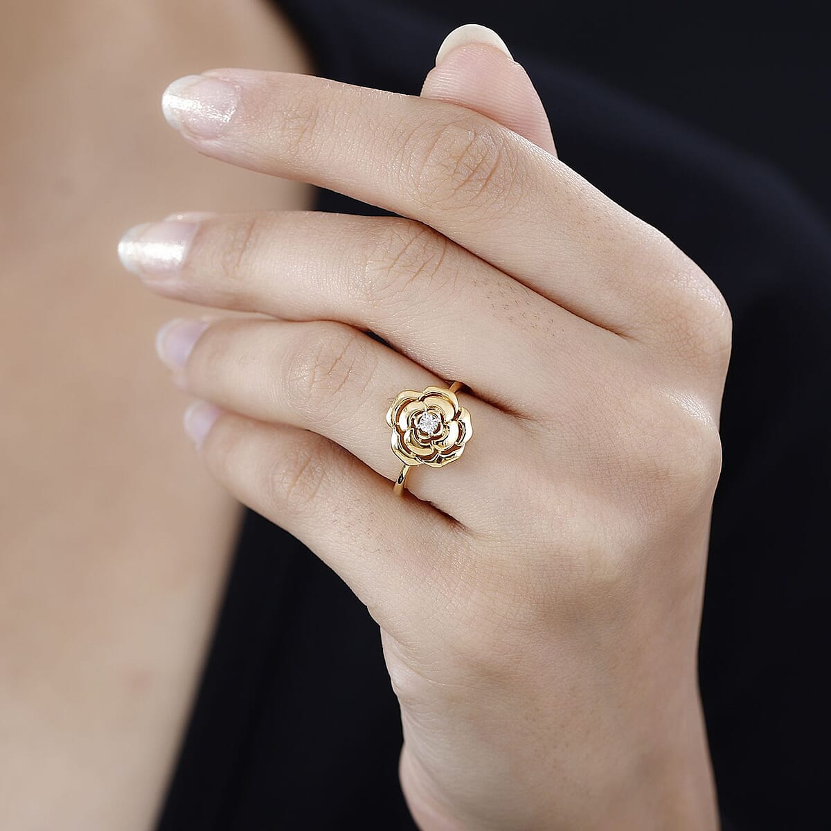 D'Joy White Diamond Accent Rose Flower Ring in 14K Yellow Gold Over Sterling Silver (Size 10.0) image number 2