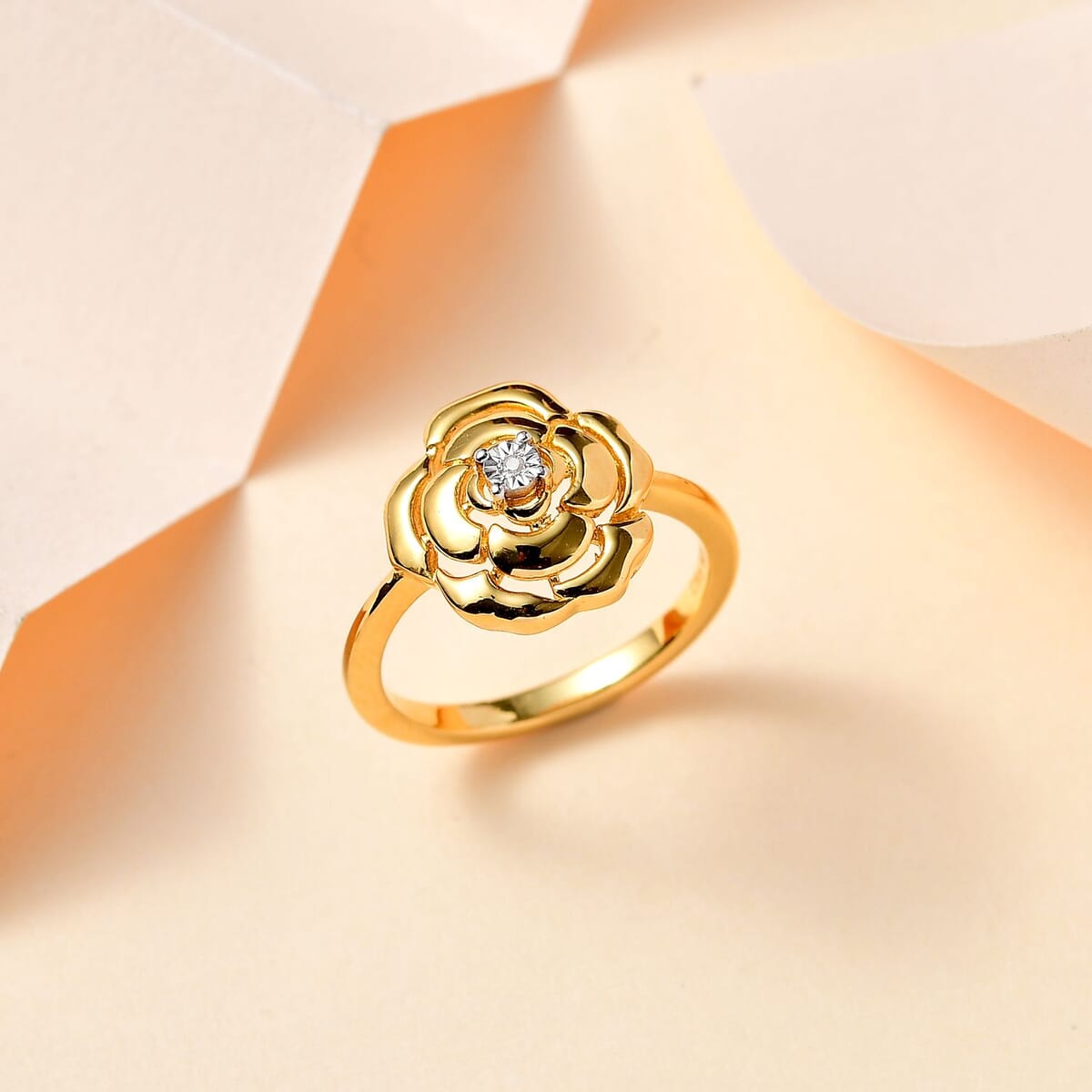 White Diamond Accent Rose Flower Ring in 14K Yellow Gold Over Sterling Silver (Size 5.0) image number 1