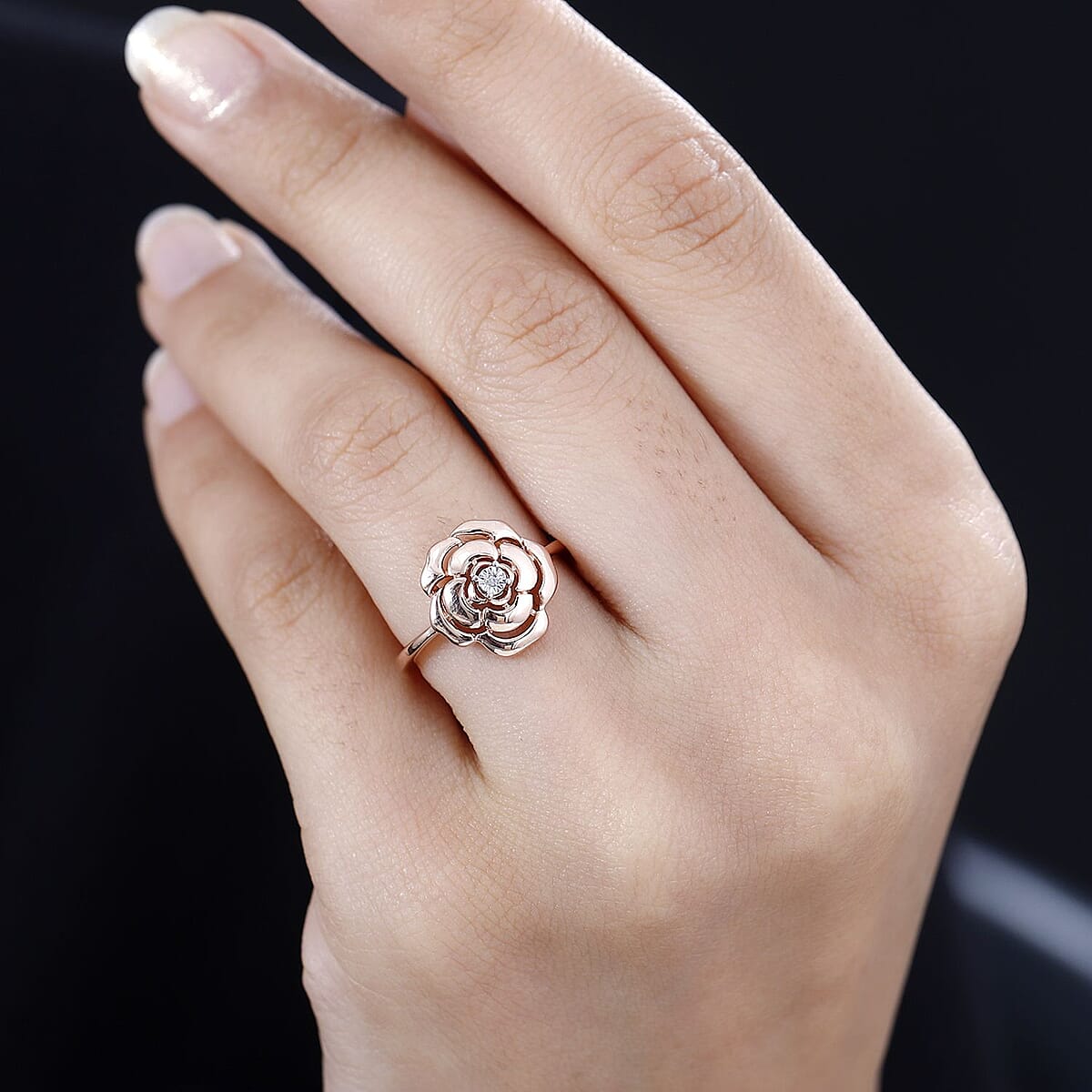 White Diamond Accent Rose Flower Ring in 14K Rose Gold Over Sterling Silver (Size 10.0) image number 2