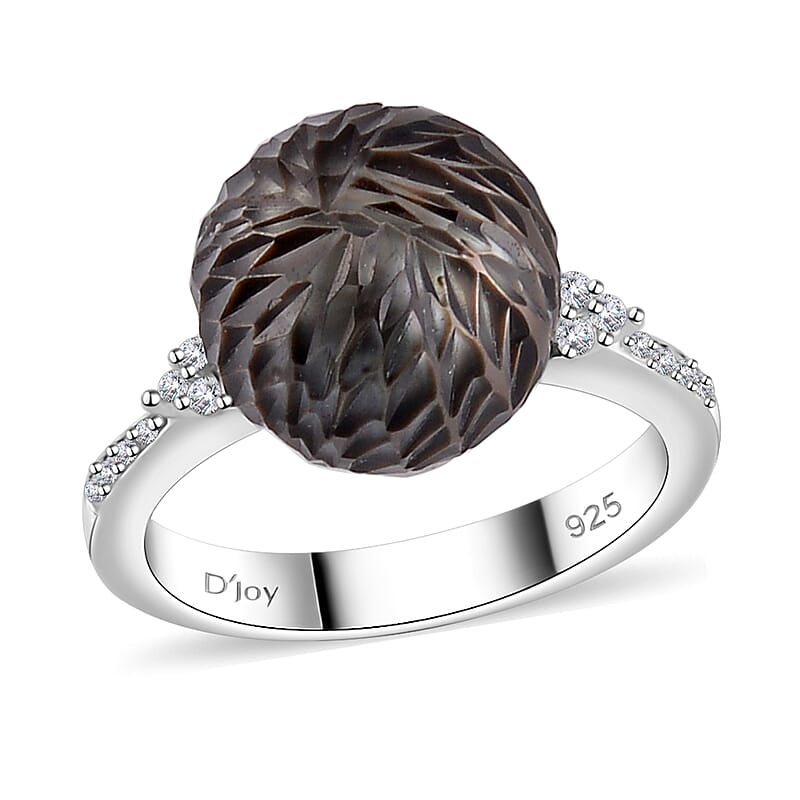 Tahitian Cultured Pearl and Moissanite Lotus Carved Ring in Rhodium Over Sterling Silver (Size 10.0) 0.15 ctw
