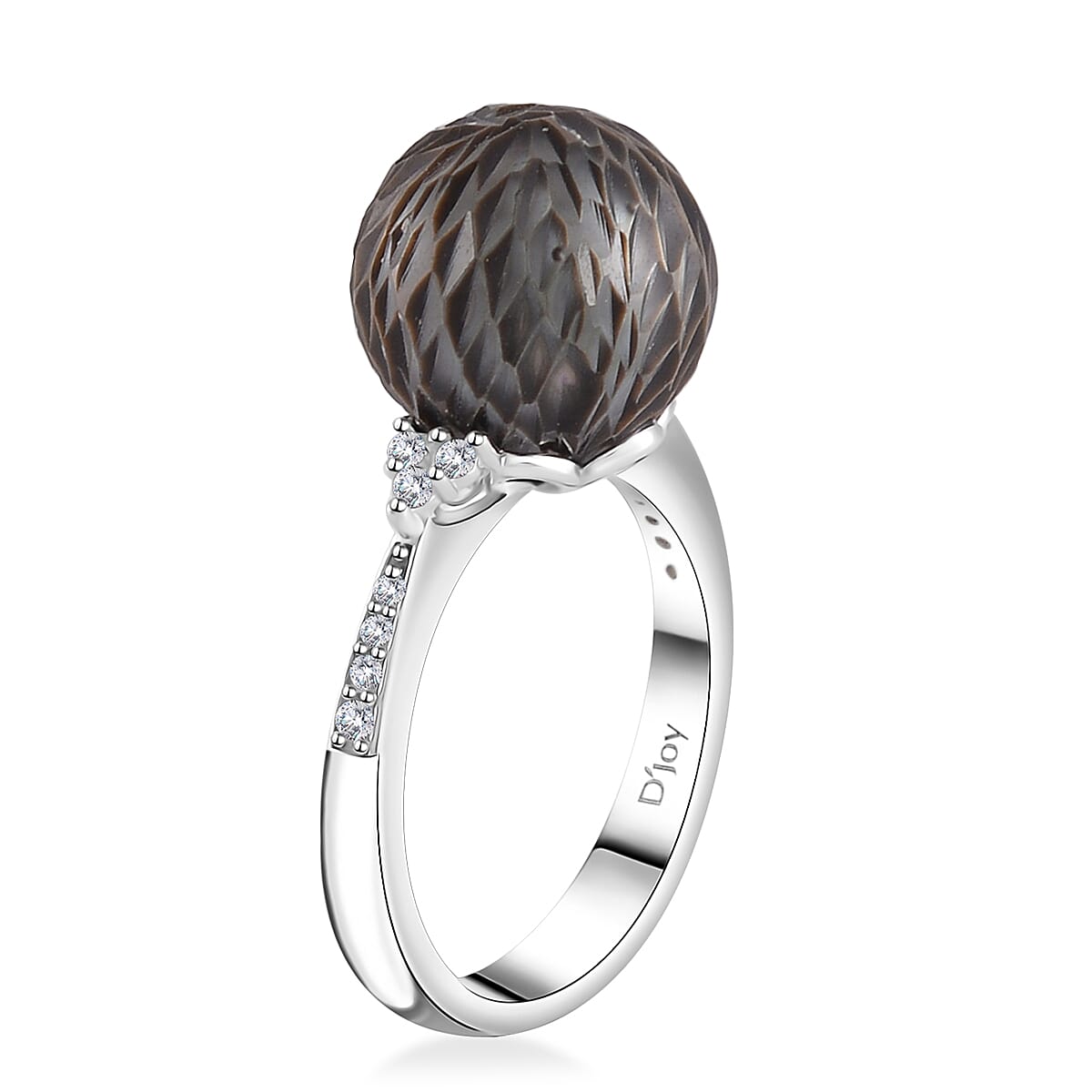 Tahitian Cultured Pearl and Moissanite Lotus Carved Ring in Rhodium Over Sterling Silver (Size 10.0) 0.15 ctw