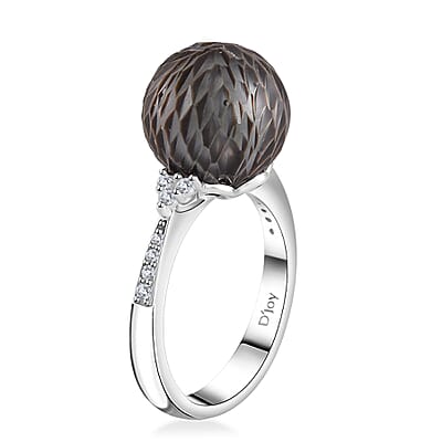 Tahitian Cultured Pearl and Moissanite Lotus Carved Ring in Rhodium Over Sterling Silver (Size 10.0) 0.15 ctw