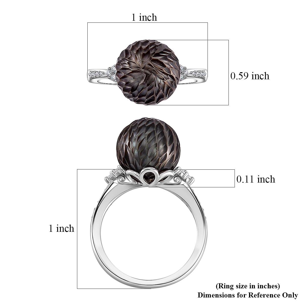 Tahitian Cultured Pearl and Moissanite Lotus Carved Ring in Rhodium Over Sterling Silver (Size 10.0) 0.15 ctw