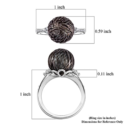 Tahitian Cultured Pearl and Moissanite Lotus Carved Ring in Rhodium Over Sterling Silver (Size 10.0) 0.15 ctw