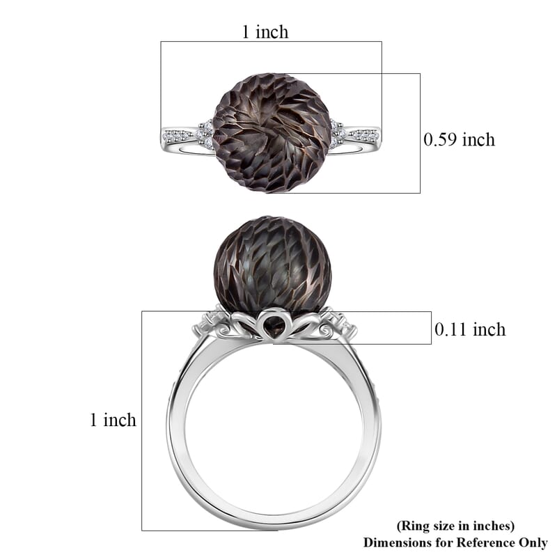 Tahitian Cultured Pearl and Moissanite Lotus Carved Ring in Rhodium Over Sterling Silver (Size 10.0) 0.15 ctw