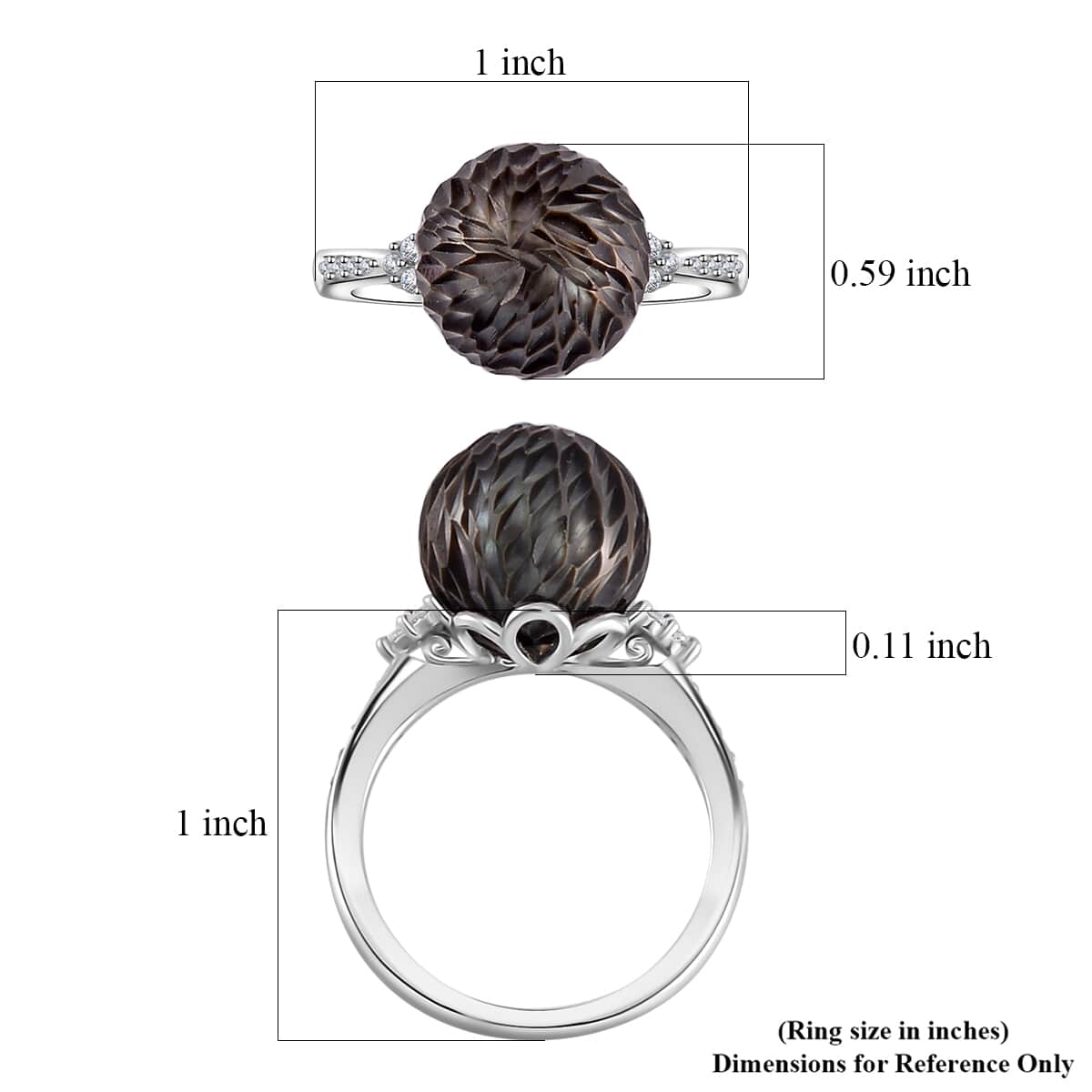 Tahitian Cultured Pearl and Moissanite Lotus Carved Ring in Rhodium Over Sterling Silver (Size 8.0) 0.15 ctw image number 4