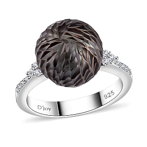 Tahitian Cultured Pearl and Moissanite Lotus Carved Ring in Rhodium Over Sterling Silver (Size 9.0) 0.15 ctw