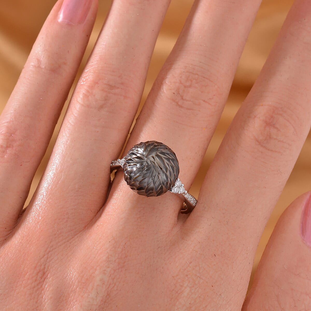 Tahitian Cultured Pearl and Moissanite Lotus Carved Ring in Rhodium Over Sterling Silver (Size 9.0) 0.15 ctw image number 1