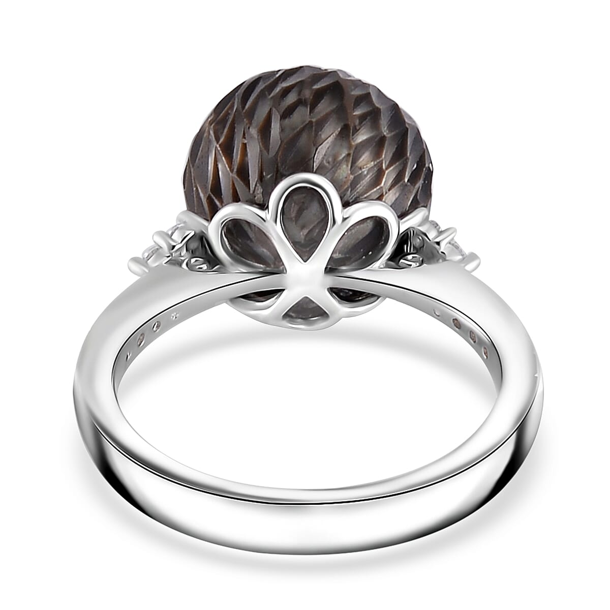 Tahitian Cultured Pearl and Moissanite Lotus Carved Ring in Rhodium Over Sterling Silver (Size 9.0) 0.15 ctw image number 3