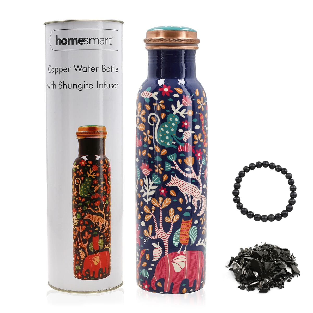 Homesmart Multi Color Forest Printed Copper Bottle (32 Oz) with Shungite Infuser and Beaded Stretch Bracelet image number 0