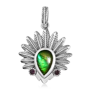 Artisan Crafted Canadian Ammolite and Orissa Rhodolite Garnet Native American Head Pendant in Black Oxidized Sterling Silver 0.15 ctw